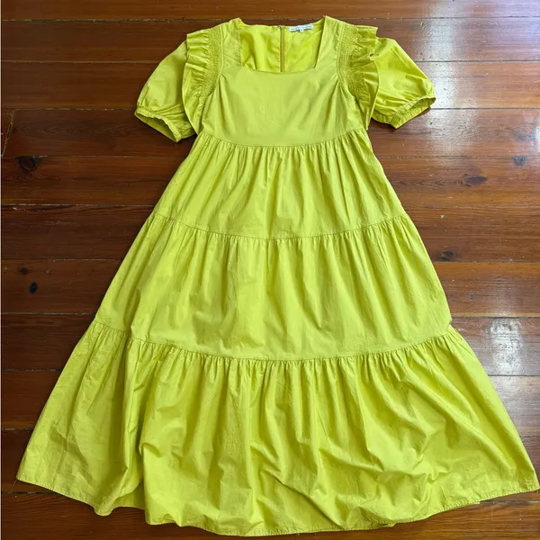 English Factory Chartreuse Square Neck Flutter Sleeve Tiered Midi Dress Sz S 🧡🍄 - Image 10