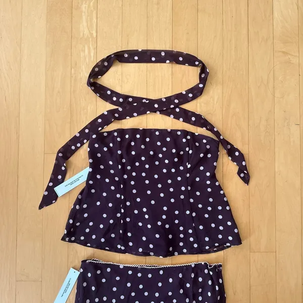 Princess Polly Sydni chocolate brown and pink polka dot scarf strapless top and midi skirt set - Image 3