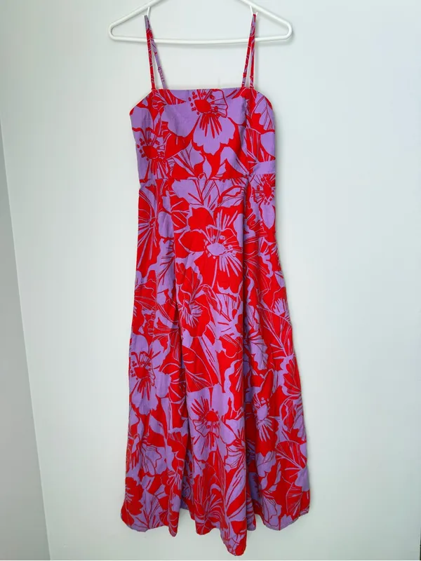 Gap Linen-Blend Midi Dress in Purple Lilac and Red Coral Floral Size Small Tall - Image 2