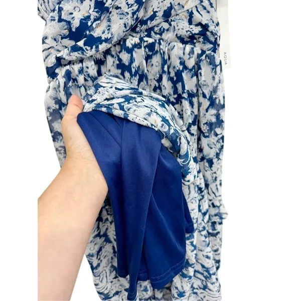 AQUA Blue White Floral Metallic Ruffle Maxi Dress Size Extra Small NWT - Image 6
