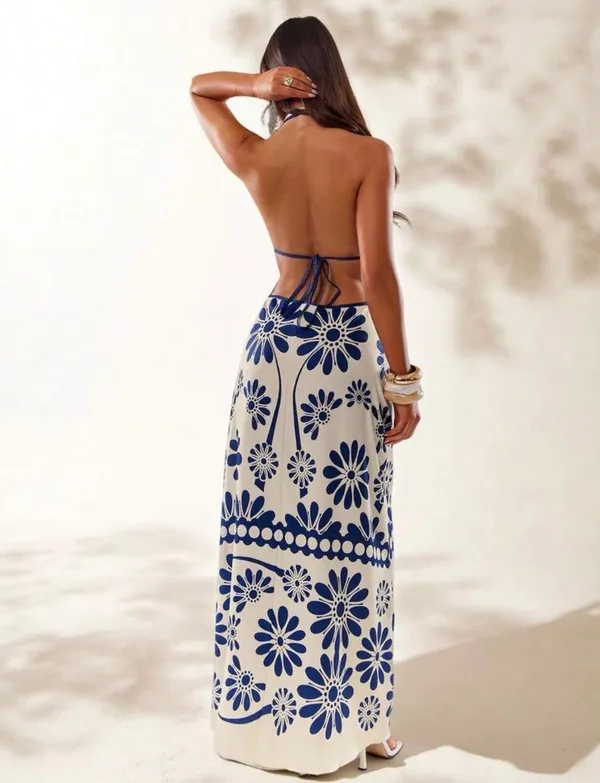 Boutique Boho Cut-Out Maxi Dress Floral Blue - Image 4