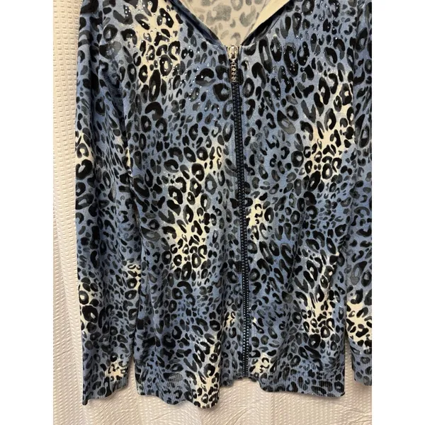 Quacker Factory Blue Leopard Print Full Zip Up Hoodie Size M Sparkle Embellished‎ - Image 2