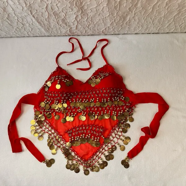 Belly Dance Costume Size M-L Red Golden Coins Halter Top & Hip Scarf - Image 13