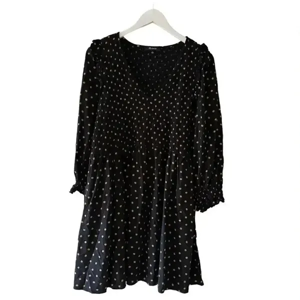 Madewell Black Gold Lucie V-Neck Smocked Mini Oval Dot Baby Doll SZ XL #1862 - Image 4