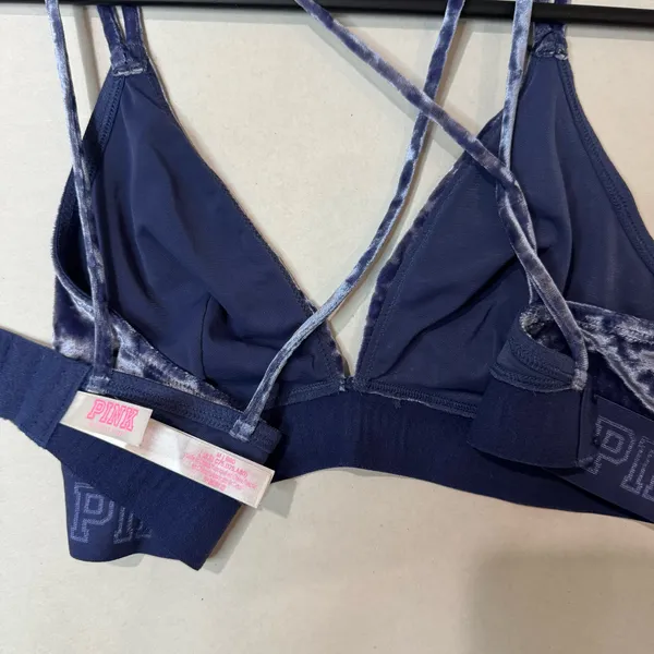 PINK - Victoria's Secret Dark Blue Velvet Triangle Bralette Women’s Size Medium - Image 11