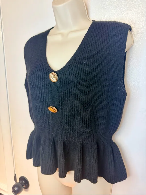 Commence Black Ribbed Knit Peplum Vest Top Size M Gold Buttons Sleeveless - Image 5