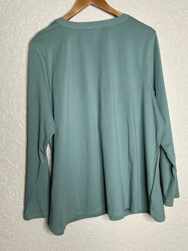 🩷 J. Jill Women Henley Top Large Green Long Sleeve V-Neck Utility Pockets Cotton - Image 4