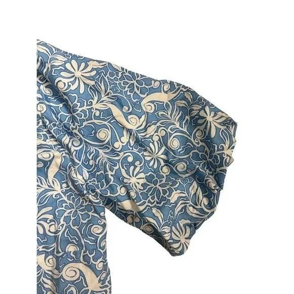 Japna Blue‎ White Floral Smocked Square Neck Crop Top Puff Sleeve Tie Front Sz M - Image 3