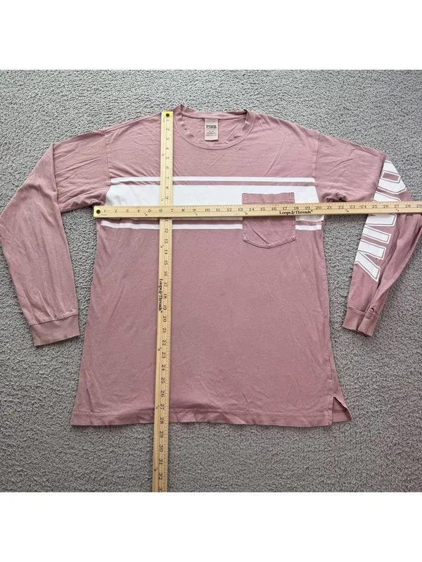 Victoria’s Secret PINK Long Sleeve Shirt Womens M Pink Stripe Logo Pocket Tee - Image 3