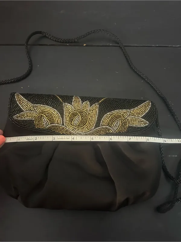 Vintage Black Satin Beaded Evening Clutch Floral Gold Silver Shoulder Purse - Image 6