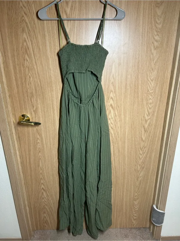 Flying Tomato Size S Pinstripe Tie Front Keyhole Back Strap Wide Leg Jumpsuit - Image 3