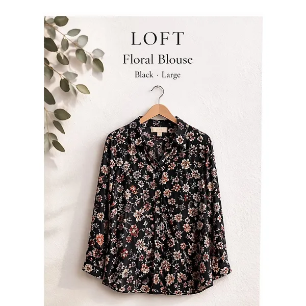 LOFT Blouse Large Black Floral Button Front Rayon Lightweight Womens - Image 8
