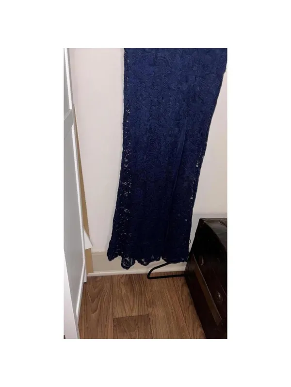 FLAW Juniors Maniju Navy Lace Evening Gown Mermaid High Slit Peekaboo Cut Out - Image 4