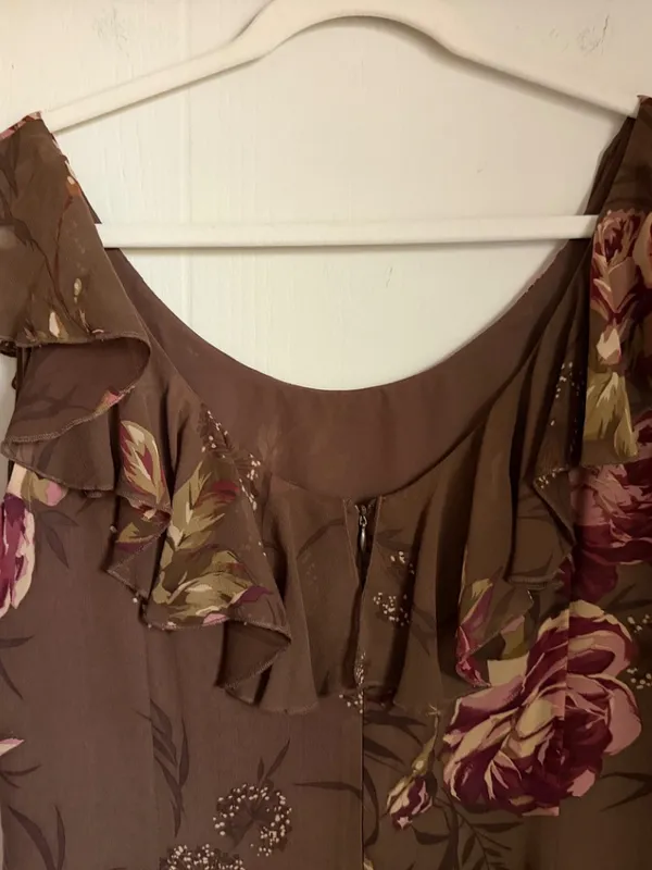 Morell Maxie Floral Column Dress Brown Pink Silk 14 Ruffle Sleeveless Y2K Fairy - Image 6