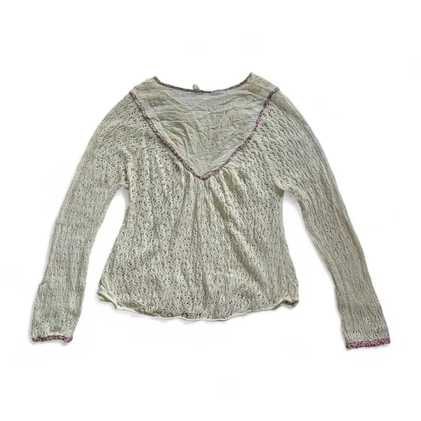 Free People Cream Knit Peasant Top Size S Bohemian Sheer Lace Detail Long Sleeve - Image 3