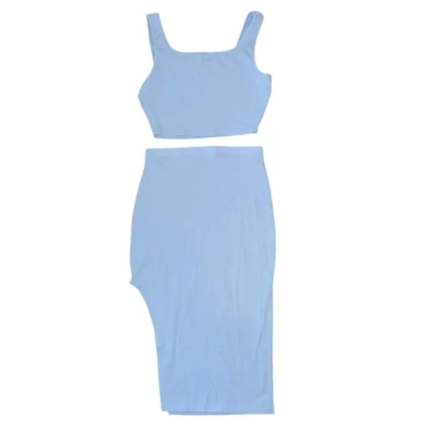 Women's 2 Piece Outfits Tank Top Ribbed Knit Bodycon Slit Skirt Set Blue small - Image 4