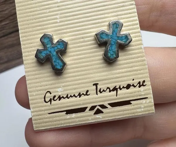 Genuine Turquoise Blue Cross Silver Tone Pierced Stud Earrings NWT Made In USA - Image 4