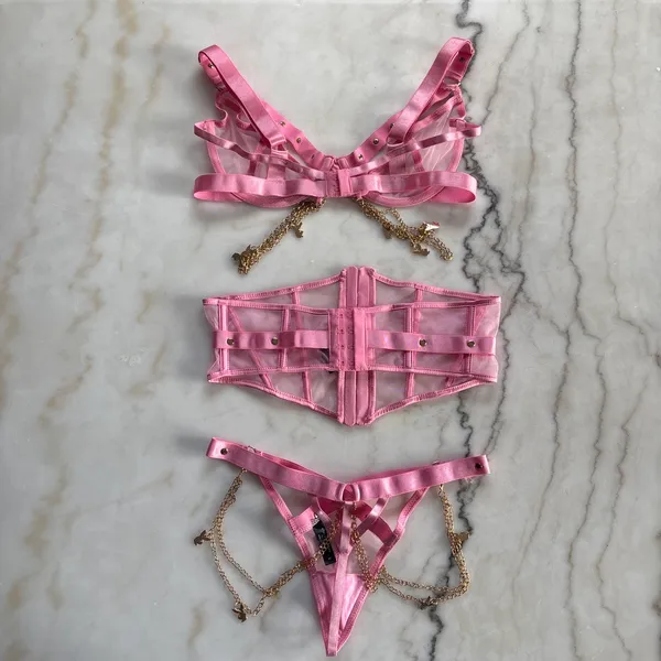 Playboy Charm Waspie 3pc Lingerie Set Pink Bra Corset Thong Gold Bunny Chains - Image 5