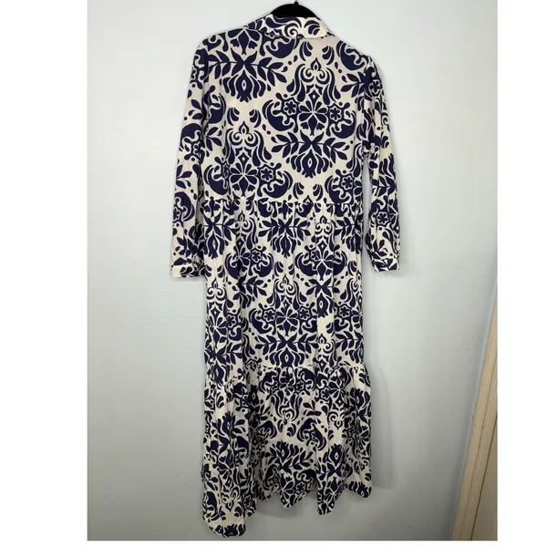 Zara Cotton Shirt Midi Dress Small Blue White Damask Floral Breezy Light - Image 3