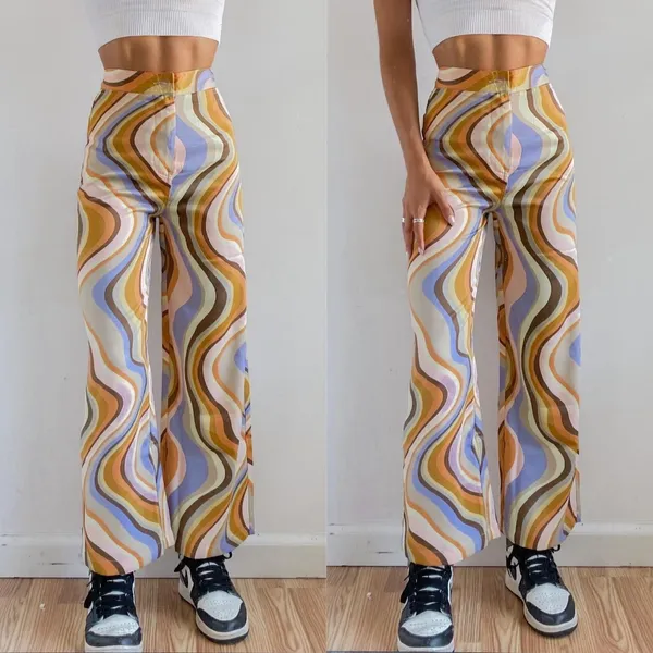 Urban Outfitters Wide Leg Pants Womens XS Multicolor Psychedelic Swirl Retro 70s - Image 2