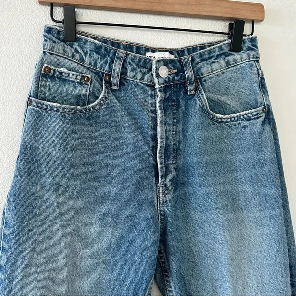 ZARA Size 4 High Rise Ripped Straight Denim Blue Jeans Distressed 100% Cotton - Image 3