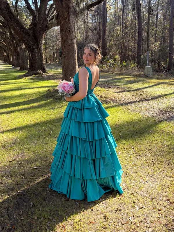 Teal Sherri Hill Ruffled Prom Dress - Image 2