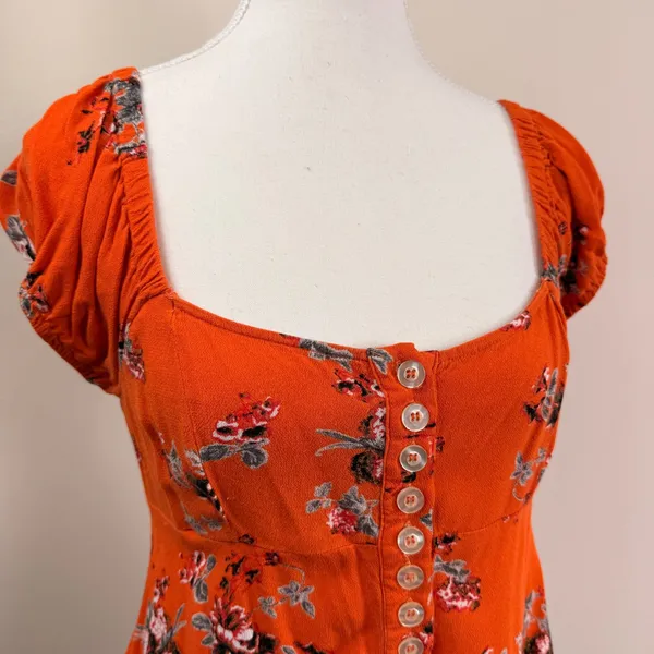 Free People Close To You Orange Floral Puff Sleeve Smocked Peplum Top Small - Image 5