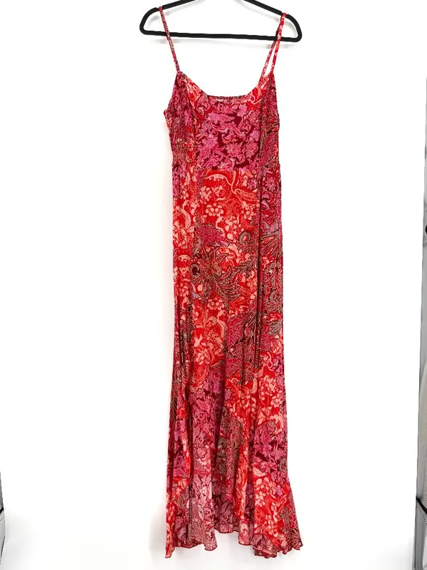 Free People Forever‎ Yours Smocked Slip Maxi Ruffle Dress Large Red Floral Boho - Image 2