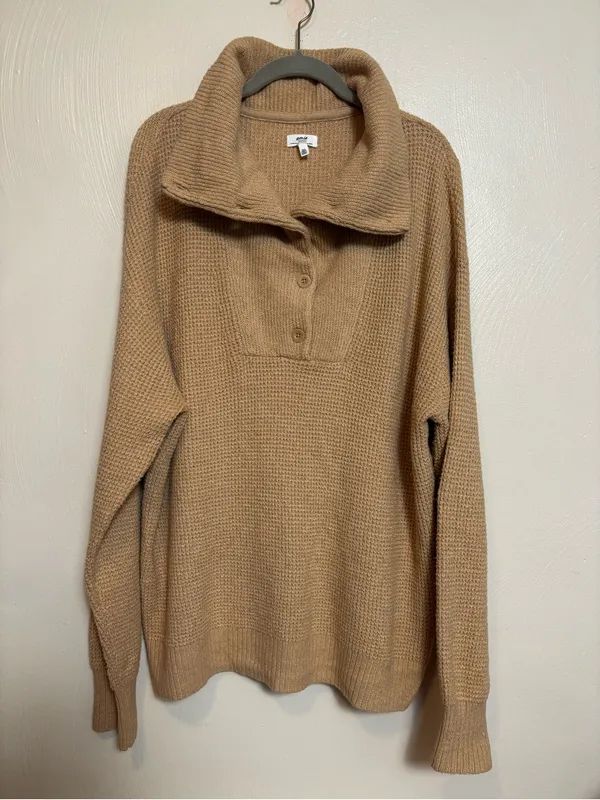 Aerie Cozy Up Waffle Knit Oversized Collar Quarter Button Tan Sweater Size L - Image 2