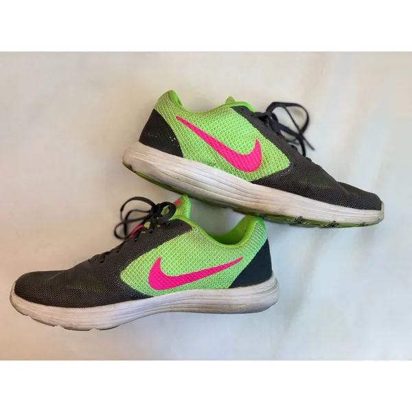 Nike Revolution 3‎ Women's Gray/Neon Pink/Green Size 9.5 Mesh Lace Up Running - Image 4