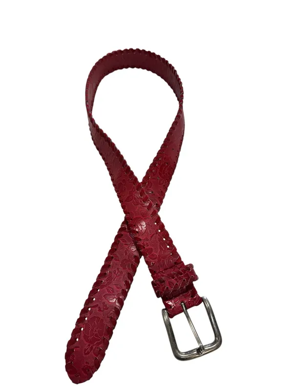 Red Floral Embossed Leather Belt Whipstitch Edges Silver Buckle Wide - Image 3