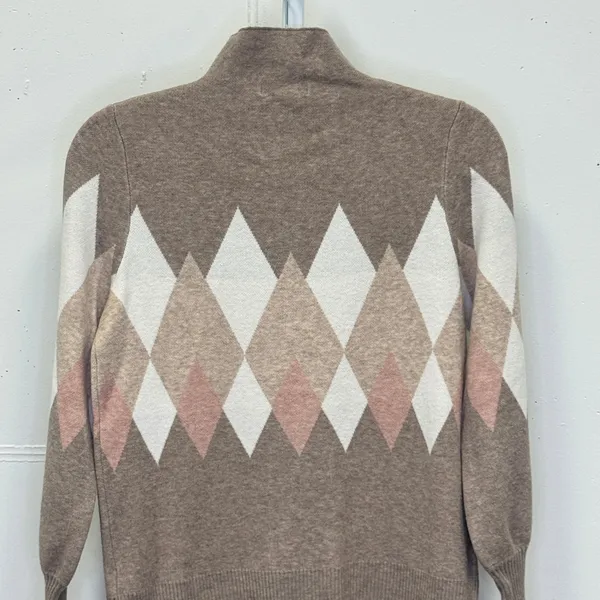 Rachel Zoe Women's Argyle Mock Neck Sweater Diamond Pattern Taupe Pink Cream Med - Image 6