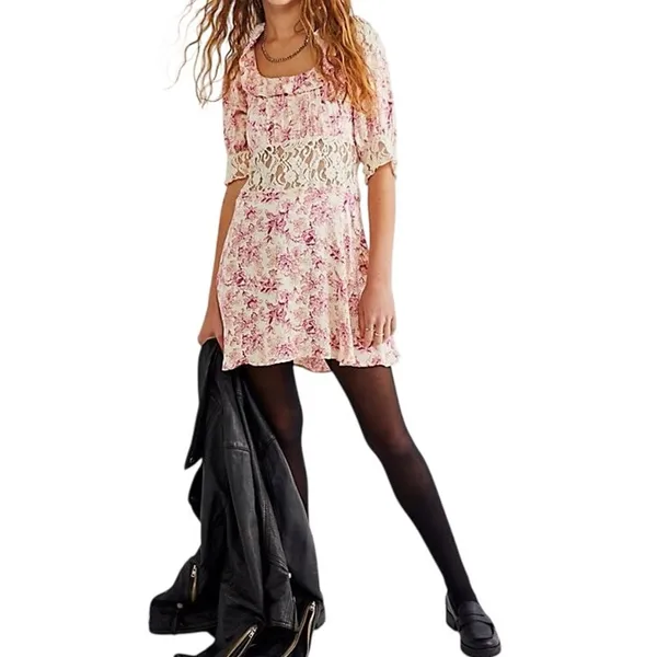 FREE PEOPLE Lucie Mini Dress with Floral Lace Size US 6 New with Tag MSRP $128 - Image 4
