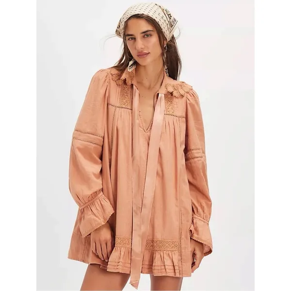 Free People Dainty Cottage Crochet 5 O'clock Tea Time Mini Dress Neutral Medium - Image 8