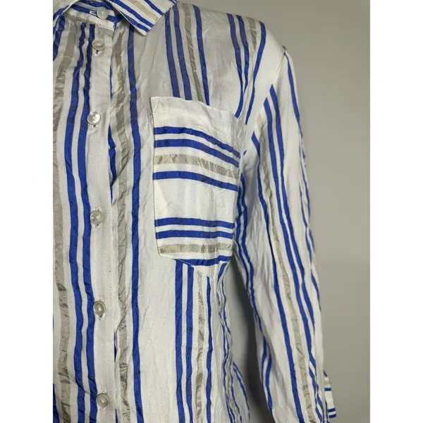 Cotélac Acoté Blue & Gold Striped Button Down Blouse French Designer Size XS/S‎ - Image 4