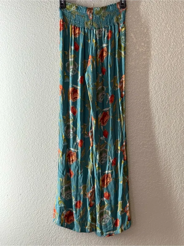 O’Neill Teal Floral Wide Leg Pants Smocked Waist Boho Resort Coastal Small Beach - Image 10