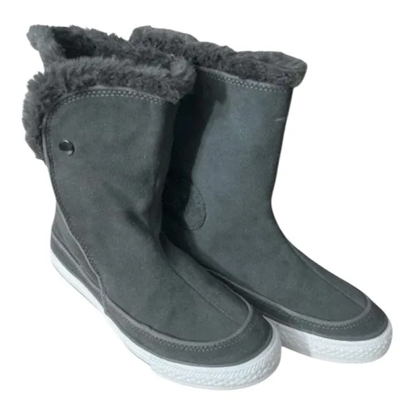 Converse Beverly Boots Grey Suede Women Size 6.5 Leather Winter Faux-Fur Collar - Image 2