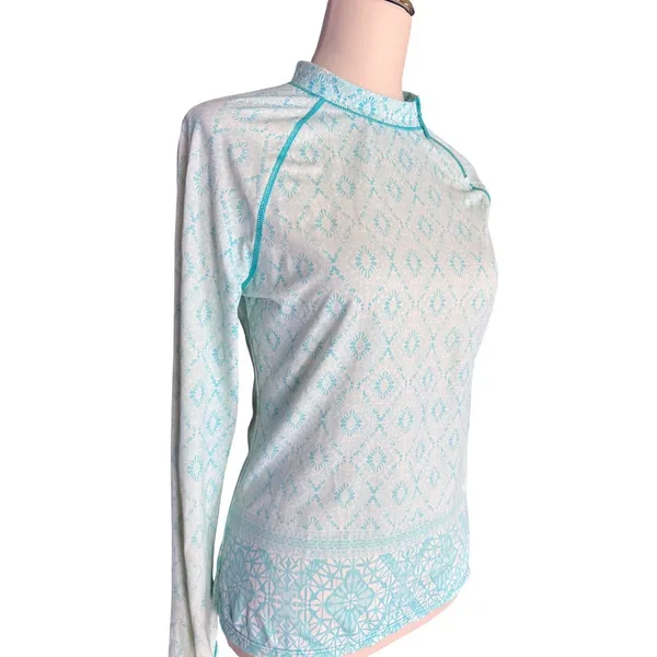 Cabana Life Women Rash Guard Long Sleeve Teal Geometric Quarter Zip Swim Top Med - Image 2