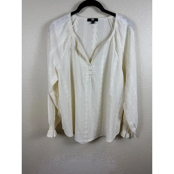 Frye Blouse Womens‎ M Smocked Eyelet Textured Flowy Minimalist Boho Cotrage core - Image 3