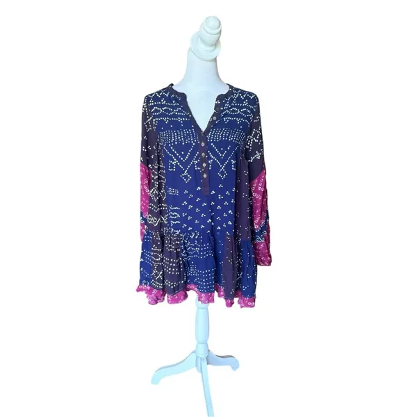Free People Shibori Tunic Mini Dress Womans Small Flowy Balloon Sleeve Boho - Image 2