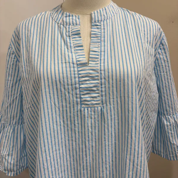 Addison Bay Blue White Striped Tiered Mini Sun Shirt Dress Cotton Poplin Medium - Image 5