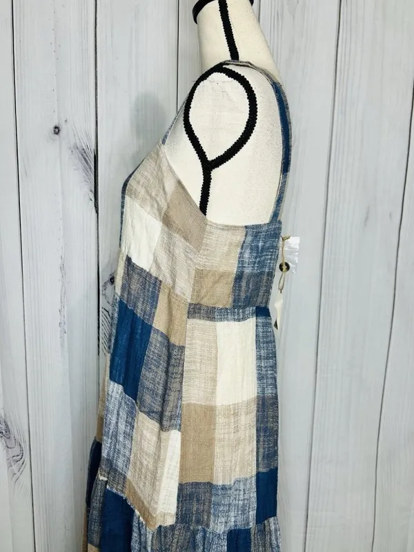 Easel Los Angeles Patchwork Midi Dress Womens Sz L Blue Tan Boho Textured NWT - Image 6