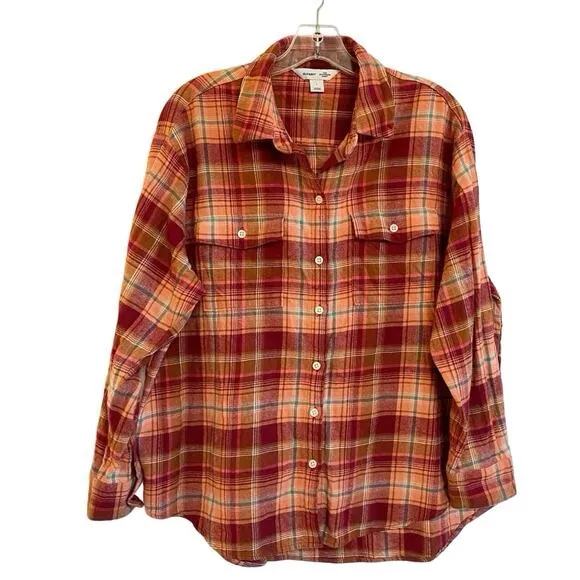 Old Navy Orange & Red Plaid Flannel Tunic The Boyfriend Shirt Size Medium - Image 3