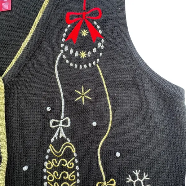 Holiday Time Christmas Sweater Vest Womens 2X 20 Black Gold Embroidered‎ Beaded - Image 6