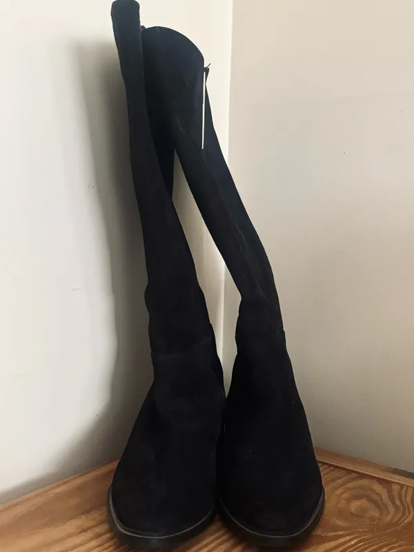 Calvin Klein Francine Over-The-Knee Black Suede Boot with Gold Accent - Image 3