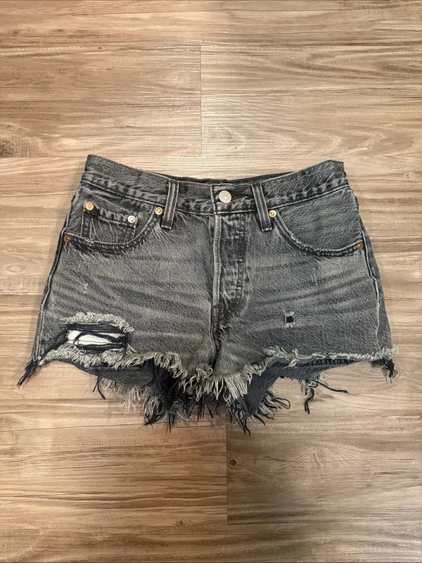Levi’s Premium 501 Original Slashed Black Distressed Shorts W24 - Image 2