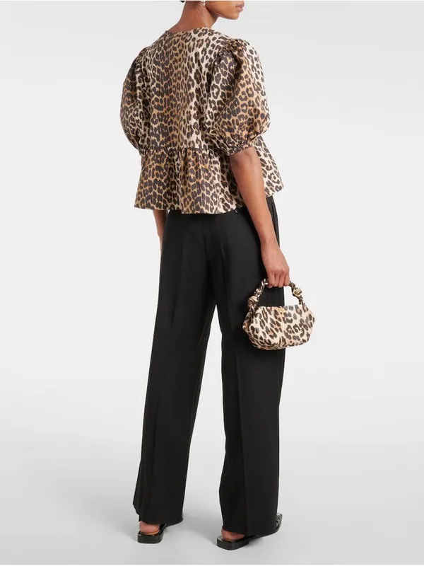 Leopard-Print Tie-Front Peplum Blouse in Tan & Black - Image 2