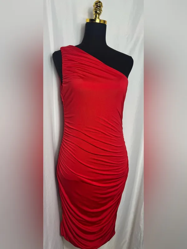 One-Shoulder Red Ruched Bodycon Dress party fits elegant low luxury XL - Image 4