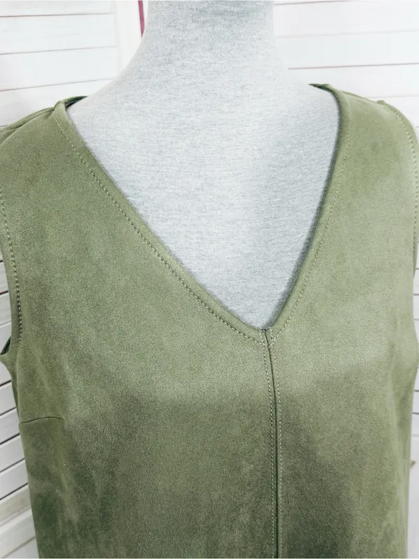 Loft Faux Suede V Neck Jumper Shift Mini Dress Olive Green 8 Tall Sleeveless - Image 6