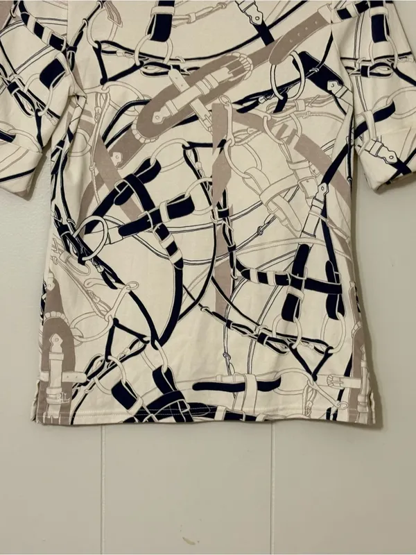 Lauren Ralph Lauren Belt Print Boatneck Top Navy Cream Equestrian Stretch Tee S - Image 5